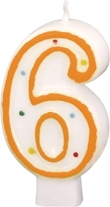 Sünnipäevaküünal numbriga 6, valge värviliste täppidega
