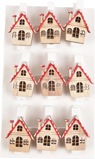 Wooden mini clothespins with a red house, 3 cm, 9 pcs
