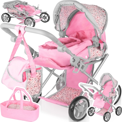 3-in-1 Doll Stroller Pink Flowers
