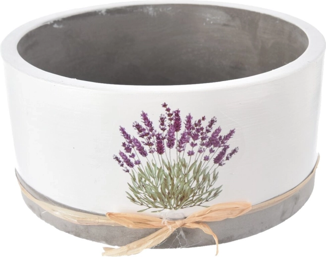 White concrete planter with a lavender motif