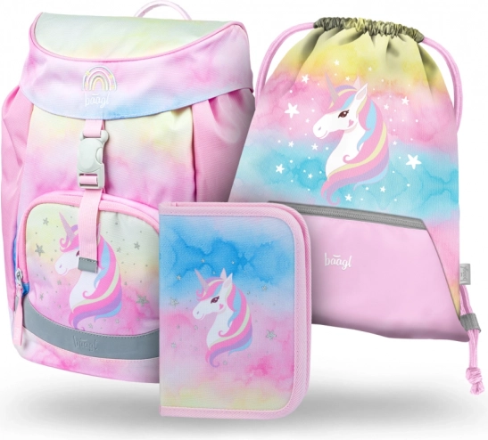 Koolikomplekt BAAGL Airy Rainbow Unicorn – seljakott, pinal ja kott