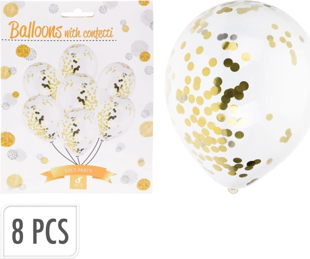 Party balloons with white and gold confetti (8 pcs)