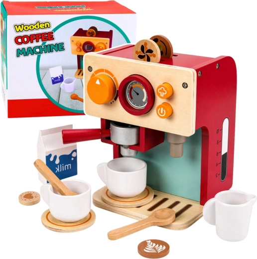 Wooden coffee machine for little baristas with cups and accessories