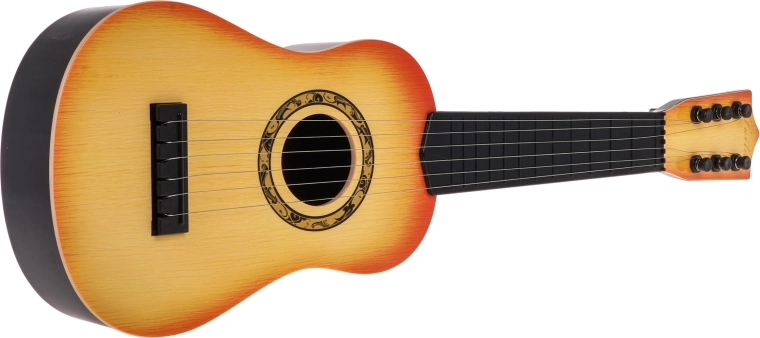 Six metal strings and tuning pegs
