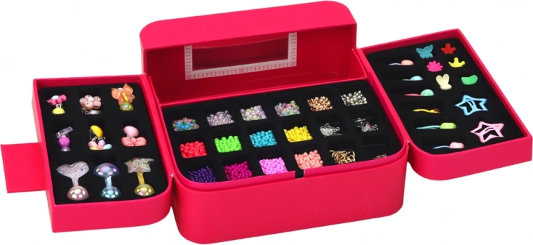 Organized pink jewelry box with mirror