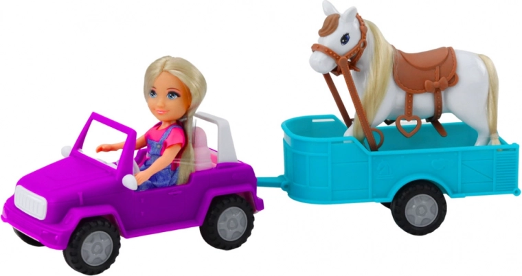 Complete set: doll, horse, car, and trailer
