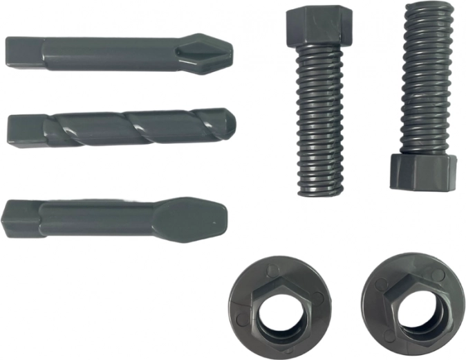 Set of screws, nuts, and interchangeable bits