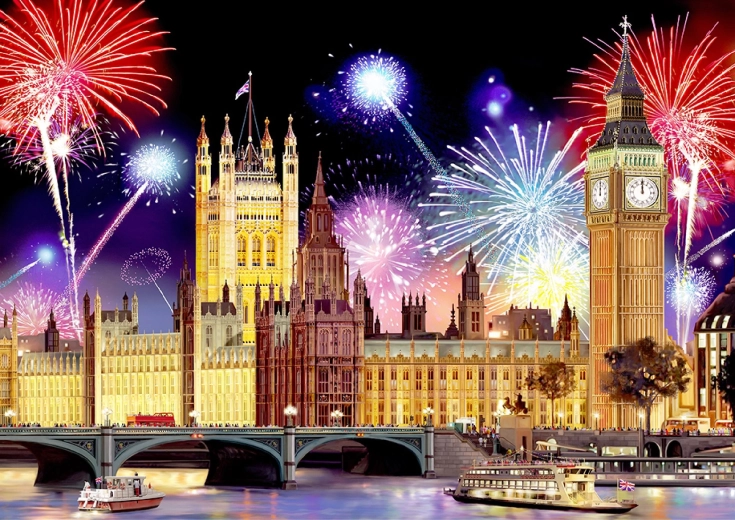 LONDON theme: Big Ben and Parliament in the glow of fireworks