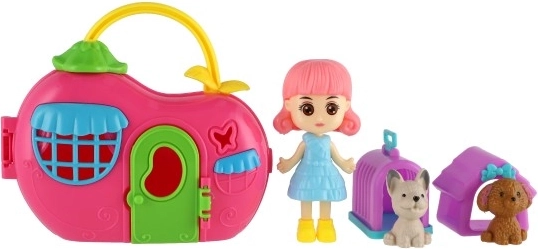 Nukk ja kaks lemmikut koos tarvikutega