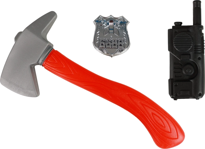 Ready for action: walkie-talkie and axe