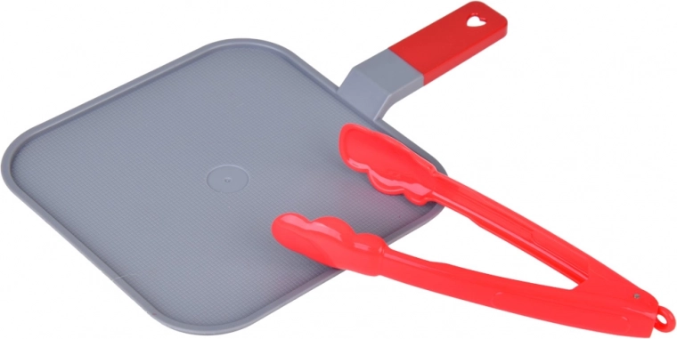 Realistic chef play with pan and tongs