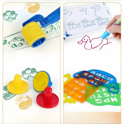 Rich set of stencils, stamps, and roller