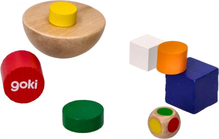 Colorful wooden pieces and die