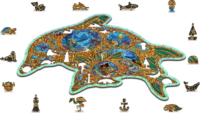 Artistic dolphin motif with marine “whimsy” pieces