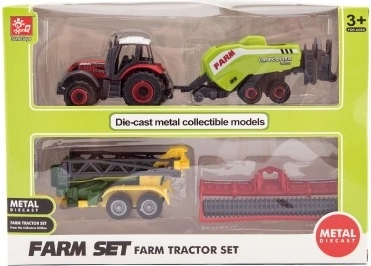 Erksavärviline traktor ja kolm lisatarvikut