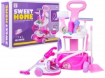 Pink kids’ cleaning cart with interactive vacuum and accessories